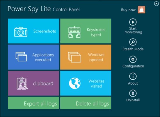 Power Spy Lite logs Facebook, keystrokes, chats, emails, web visits and more.